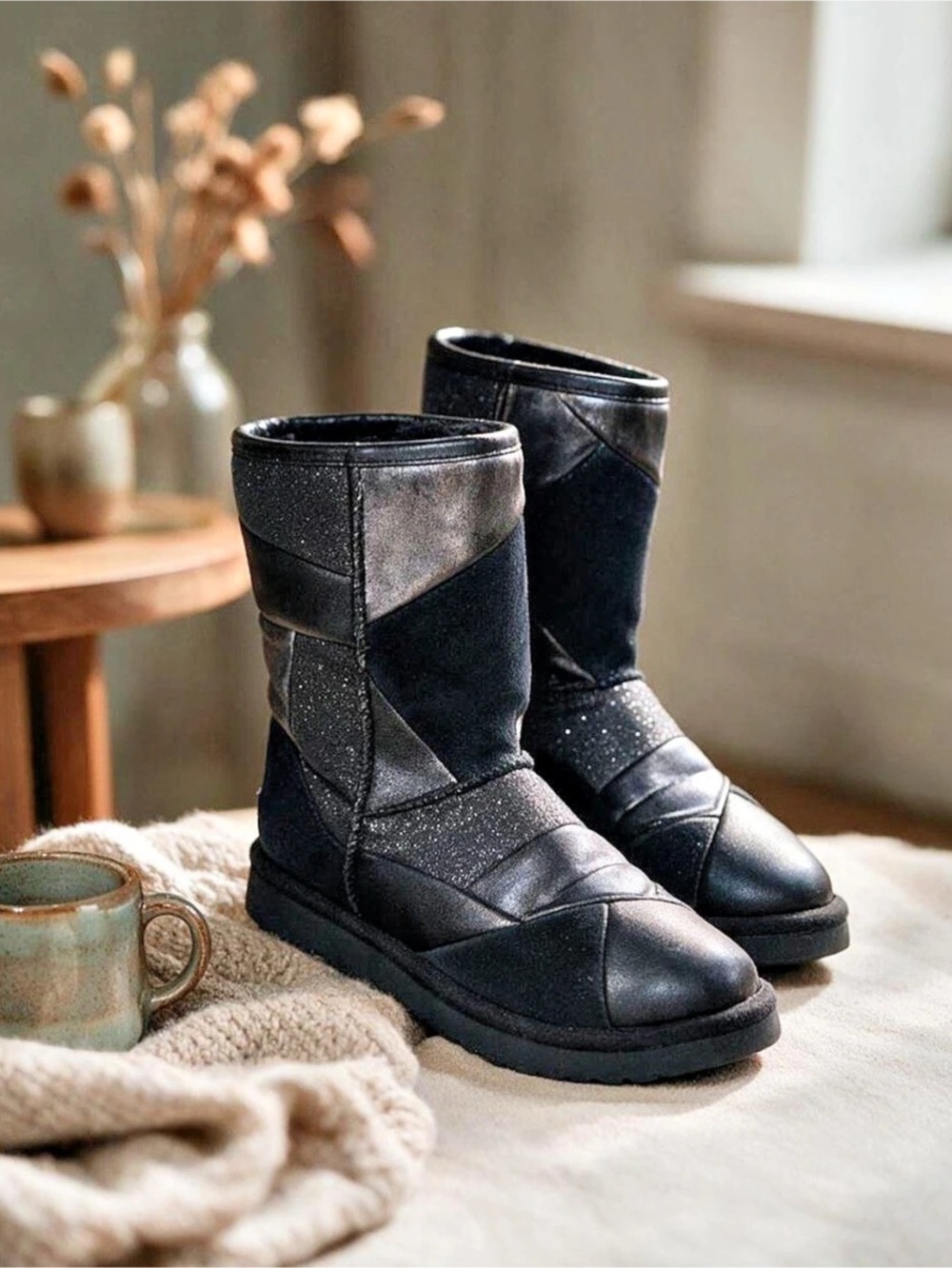 UGG Classic Short Black Glitter Patchwork Suede Leather Boots Size 8 GUC